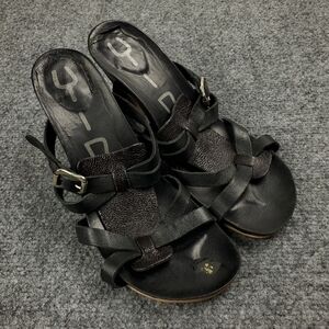 YIN Leather Sandals Size 37 US 7 Cone Heel Black Leather Strappy Hand Made Italy